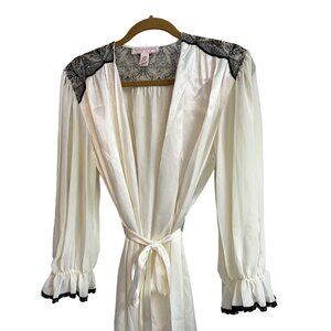 Vintage Oscar De La Renta Pink Label Sheer Ivory Long Robe With Black Lace Accen